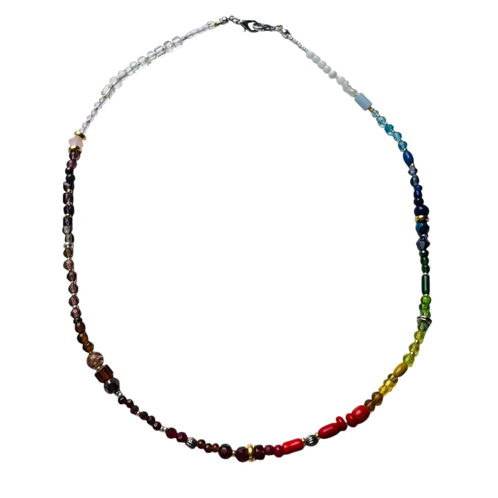 Handmade Beaded Necklace Unisex 21" Rainbow Gold Silver Accents - Picture 2 of 4